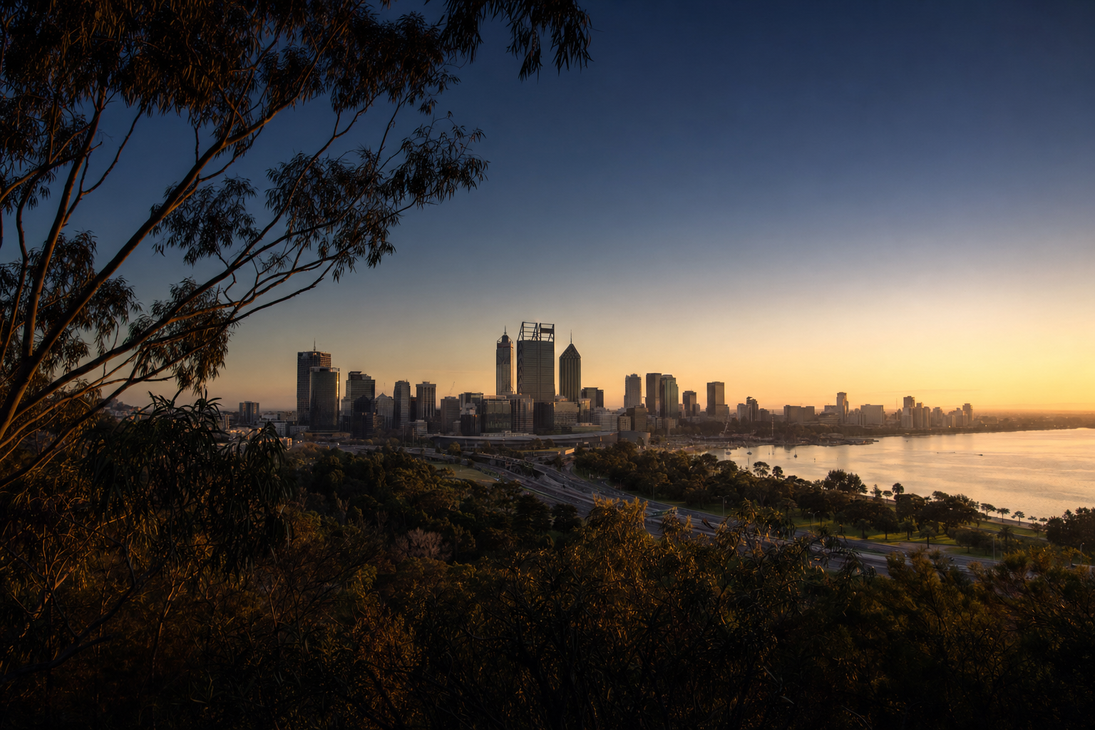 Sunrise over the Perth skyline from Kings Park
