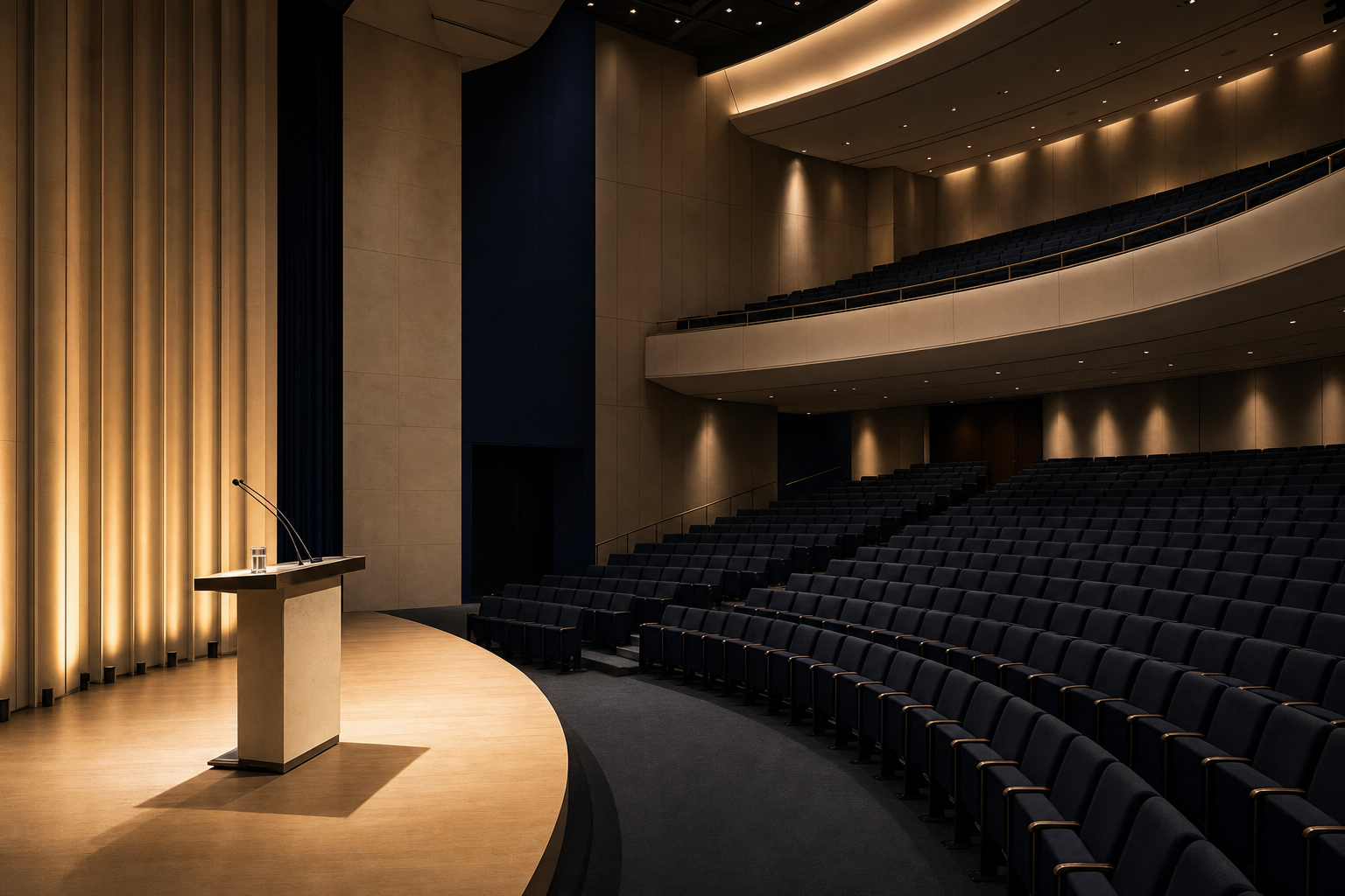 Empty auditorium with a single lectern lit from above